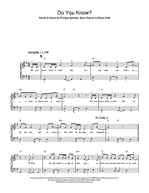 Preview Enrique Inglesias Do You Know? Pop sheet music, notes and chords for Beginner Piano, SKU: 40008 sheet music, piano notes, chords, guitar tabs, score, transpose, transcribe, how to play, guide, download, learn, tutorial, progression, song, artist, awards, billboard, mtv, vh1, tour, single, album, release
