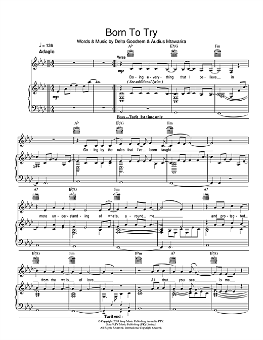 Preview Delta Goodrem Born To Try Australian sheet music, notes and chords for Piano, Vocal & Guitar (Right-Hand Melody), SKU: 40009 sheet music, piano notes, chords, guitar tabs, score, transpose, transcribe, how to play, guide, download, learn, tutorial, progression, song, artist, awards, billboard, mtv, vh1, tour, single, album, release