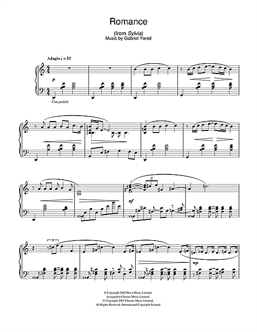 Preview Gabriel Yared Romance (from Sylvia) Classical sheet music, notes and chords for Piano, SKU: 40010 sheet music, piano notes, chords, guitar tabs, score, transpose, transcribe, how to play, guide, download, learn, tutorial, progression, song, artist, awards, billboard, mtv, vh1, tour, single, album, release