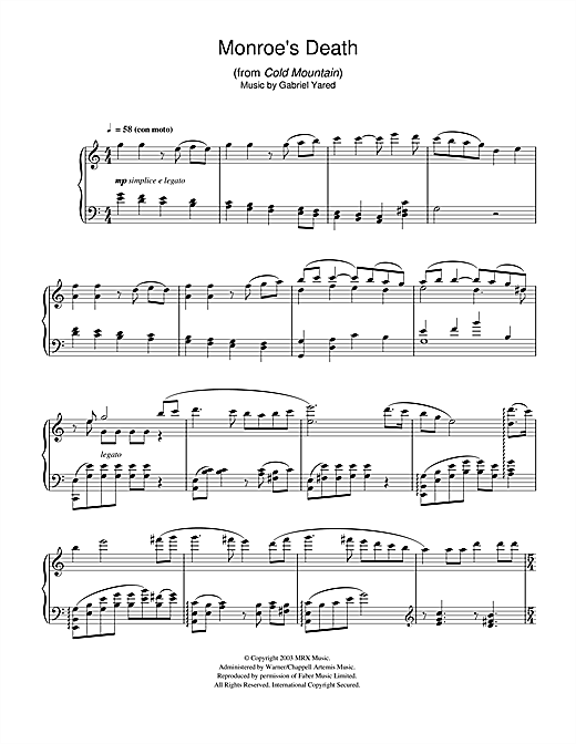 Preview Gabriel Yared Monroe's Death (from Cold Mountain) Classical sheet music, notes and chords for Piano, SKU: 40021 sheet music, piano notes, chords, guitar tabs, score, transpose, transcribe, how to play, guide, download, learn, tutorial, progression, song, artist, awards, billboard, mtv, vh1, tour, single, album, release