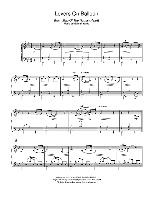 Preview Gabriel Yared Lovers On Balloon (from Map Of The Human Heart) Classical sheet music, notes and chords for Piano, SKU: 40024 sheet music, piano notes, chords, guitar tabs, score, transpose, transcribe, how to play, guide, download, learn, tutorial, progression, song, artist, awards, billboard, mtv, vh1, tour, single, album, release