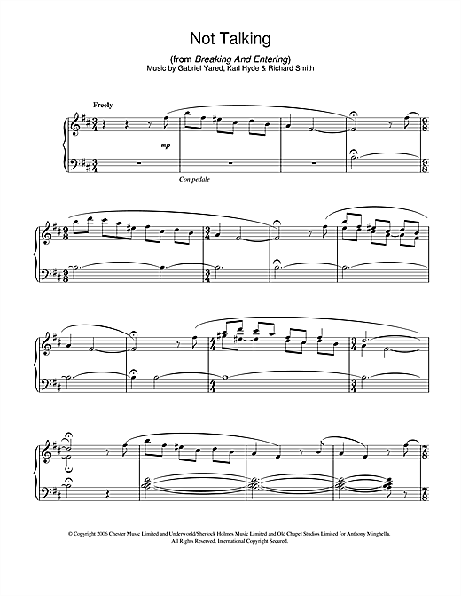 Preview Gabriel Yared Not Talking (from Breaking And Entering) Classical sheet music, notes and chords for Piano, SKU: 40031 sheet music, piano notes, chords, guitar tabs, score, transpose, transcribe, how to play, guide, download, learn, tutorial, progression, song, artist, awards, billboard, mtv, vh1, tour, single, album, release