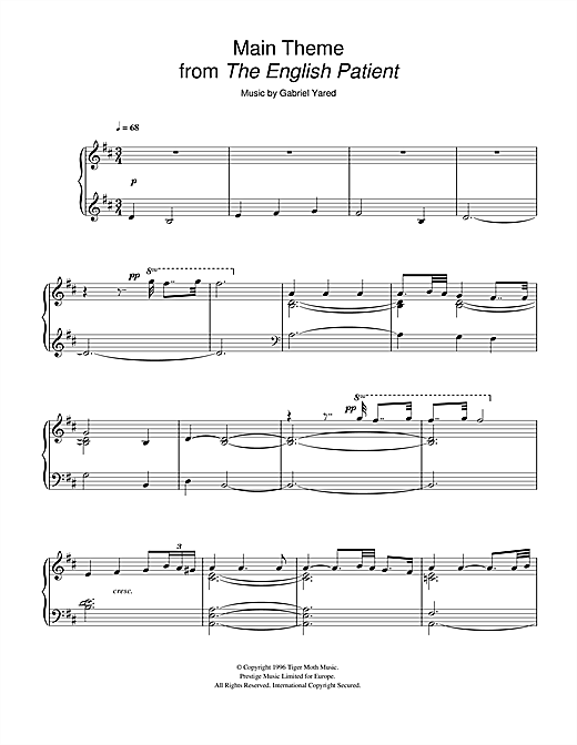 Preview Gabriel Yared Main Theme (from The English Patient) Classical sheet music, notes and chords for Piano, SKU: 40033 sheet music, piano notes, chords, guitar tabs, score, transpose, transcribe, how to play, guide, download, learn, tutorial, progression, song, artist, awards, billboard, mtv, vh1, tour, single, album, release