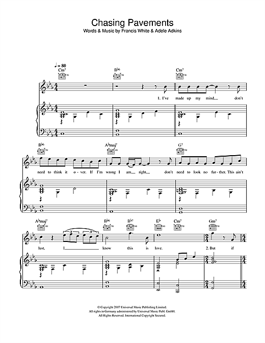 Preview Adele Chasing Pavements Pop sheet music, notes and chords for Piano, Vocal & Guitar, SKU: 40051 sheet music, piano notes, chords, guitar tabs, score, transpose, transcribe, how to play, guide, download, learn, tutorial, progression, song, artist, awards, billboard, mtv, vh1, tour, single, album, release