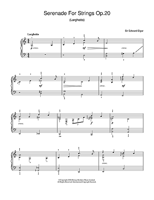 Preview Edward Elgar Serenade For Strings Op.20 (Larghetto) Classical sheet music, notes and chords for Easy Piano, SKU: 40059 sheet music, piano notes, chords, guitar tabs, score, transpose, transcribe, how to play, guide, download, learn, tutorial, progression, song, artist, awards, billboard, mtv, vh1, tour, single, album, release