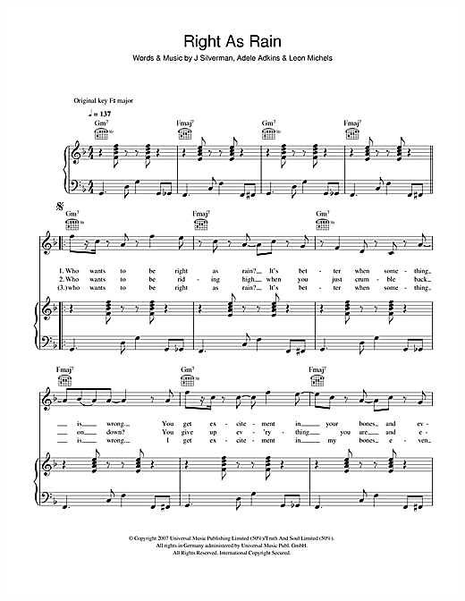 Preview Adele Right As Rain Pop sheet music, notes and chords for Piano, Vocal & Guitar, SKU: 40060 sheet music, piano notes, chords, guitar tabs, score, transpose, transcribe, how to play, guide, download, learn, tutorial, progression, song, artist, awards, billboard, mtv, vh1, tour, single, album, release