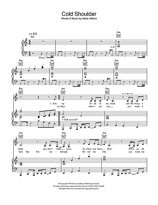 Preview Adele Cold Shoulder Pop sheet music, notes and chords for Piano, Vocal & Guitar, SKU: 40062 sheet music, piano notes, chords, guitar tabs, score, transpose, transcribe, how to play, guide, download, learn, tutorial, progression, song, artist, awards, billboard, mtv, vh1, tour, single, album, release
