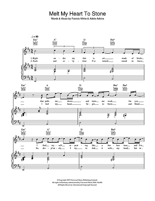Preview Adele Melt My Heart To Stone Pop sheet music, notes and chords for Piano, Vocal & Guitar, SKU: 40077 sheet music, piano notes, chords, guitar tabs, score, transpose, transcribe, how to play, guide, download, learn, tutorial, progression, song, artist, awards, billboard, mtv, vh1, tour, single, album, release