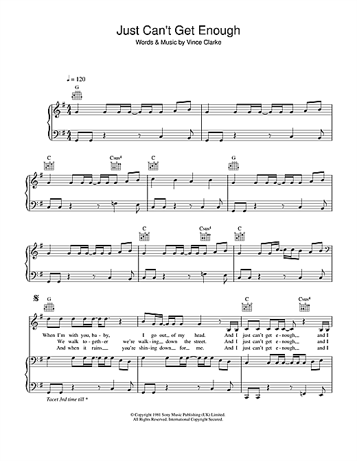 Preview Depeche Mode Just Can't Get Enough Pop sheet music, notes and chords for Piano, Vocal & Guitar (Right-Hand Melody), SKU: 40080 sheet music, piano notes, chords, guitar tabs, score, transpose, transcribe, how to play, guide, download, learn, tutorial, progression, song, artist, awards, billboard, mtv, vh1, tour, single, album, release