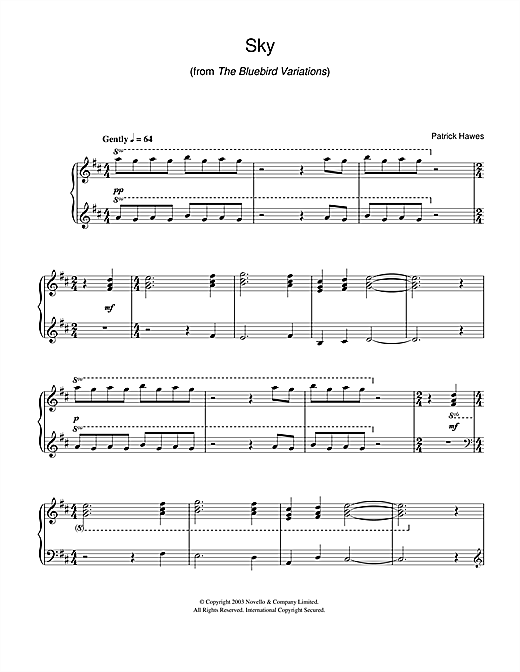 Preview Patrick Hawes Sky (from The Bluebird Variations) Classical sheet music, notes and chords for Easy Piano, SKU: 40095 sheet music, piano notes, chords, guitar tabs, score, transpose, transcribe, how to play, guide, download, learn, tutorial, progression, song, artist, awards, billboard, mtv, vh1, tour, single, album, release