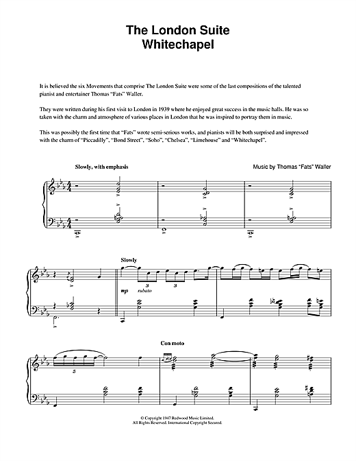 Preview Fats Waller Whitechapel (from The London Suite) Jazz sheet music, notes and chords for Piano, SKU: 40115 sheet music, piano notes, chords, guitar tabs, score, transpose, transcribe, how to play, guide, download, learn, tutorial, progression, song, artist, awards, billboard, mtv, vh1, tour, single, album, release