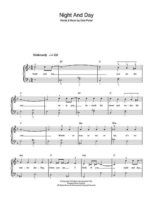 Preview Frank Sinatra Night And Day Jazz sheet music, notes and chords for Beginner Piano, SKU: 40116 sheet music, piano notes, chords, guitar tabs, score, transpose, transcribe, how to play, guide, download, learn, tutorial, progression, song, artist, awards, billboard, mtv, vh1, tour, single, album, release