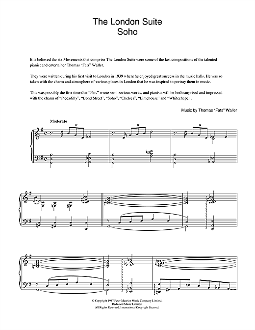 Preview Fats Waller Soho (from The London Suite) Jazz sheet music, notes and chords for Piano, SKU: 40117 sheet music, piano notes, chords, guitar tabs, score, transpose, transcribe, how to play, guide, download, learn, tutorial, progression, song, artist, awards, billboard, mtv, vh1, tour, single, album, release
