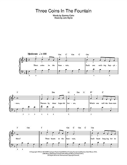 Preview Frank Sinatra Three Coins In The Fountain Easy Listening sheet music, notes and chords for Beginner Piano, SKU: 40119 sheet music, piano notes, chords, guitar tabs, score, transpose, transcribe, how to play, guide, download, learn, tutorial, progression, song, artist, awards, billboard, mtv, vh1, tour, single, album, release