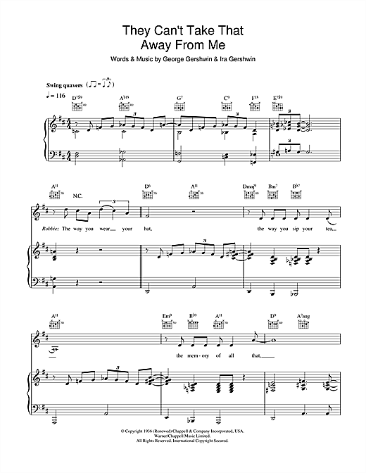 Preview Robbie Williams They Can't Take That Away From Me Rock sheet music, notes and chords for Piano, Vocal & Guitar, SKU: 40120 sheet music, piano notes, chords, guitar tabs, score, transpose, transcribe, how to play, guide, download, learn, tutorial, progression, song, artist, awards, billboard, mtv, vh1, tour, single, album, release