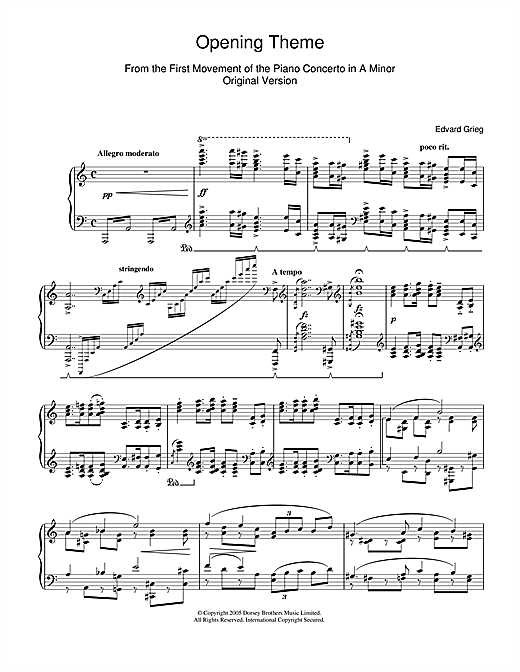 Preview Edvard Grieg Opening Theme from Piano Concerto in A Minor Classical sheet music, notes and chords for Piano, SKU: 40128 sheet music, piano notes, chords, guitar tabs, score, transpose, transcribe, how to play, guide, download, learn, tutorial, progression, song, artist, awards, billboard, mtv, vh1, tour, single, album, release