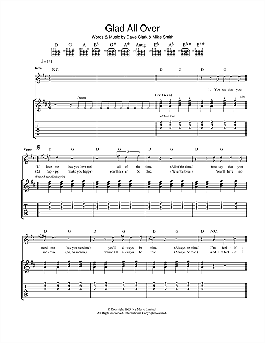Preview The Dave Clark Five Glad All Over Pop sheet music, notes and chords for Guitar Tab, SKU: 40133 sheet music, piano notes, chords, guitar tabs, score, transpose, transcribe, how to play, guide, download, learn, tutorial, progression, song, artist, awards, billboard, mtv, vh1, tour, single, album, release