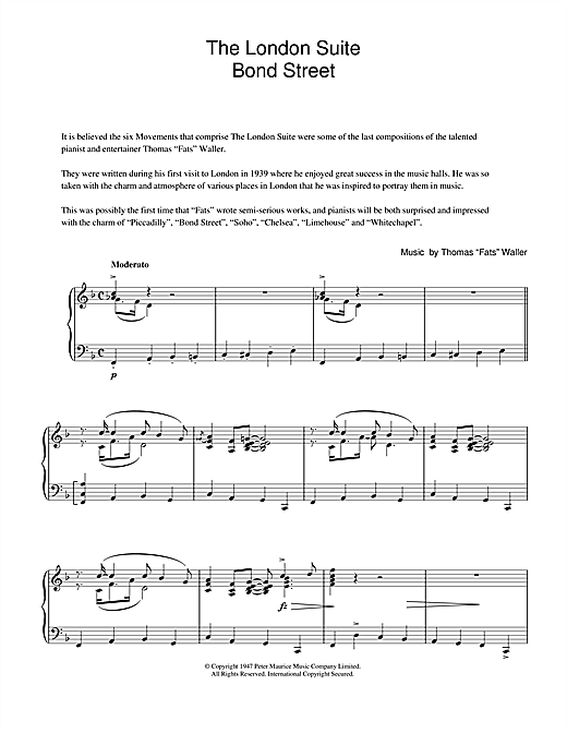 Preview Fats Waller Bond Street (from The London Suite) Jazz sheet music, notes and chords for Piano, SKU: 40140 sheet music, piano notes, chords, guitar tabs, score, transpose, transcribe, how to play, guide, download, learn, tutorial, progression, song, artist, awards, billboard, mtv, vh1, tour, single, album, release