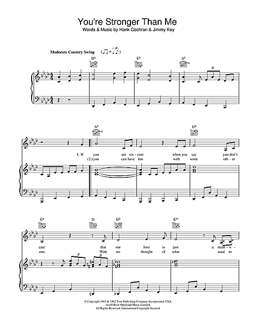 Preview Patsy Cline You're Stronger Than Me Country sheet music, notes and chords for Piano, Vocal & Guitar, SKU: 40147 sheet music, piano notes, chords, guitar tabs, score, transpose, transcribe, how to play, guide, download, learn, tutorial, progression, song, artist, awards, billboard, mtv, vh1, tour, single, album, release