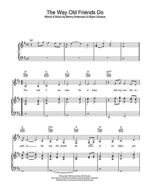 Preview ABBA The Way Old Friends Do Pop sheet music, notes and chords for Piano, Vocal & Guitar (Right-Hand Melody), SKU: 40148 sheet music, piano notes, chords, guitar tabs, score, transpose, transcribe, how to play, guide, download, learn, tutorial, progression, song, artist, awards, billboard, mtv, vh1, tour, single, album, release