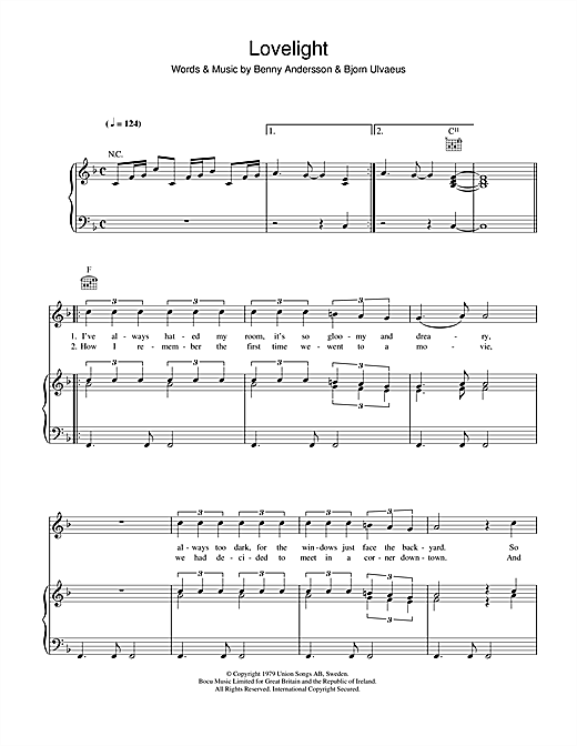 Preview ABBA Lovelight Pop sheet music, notes and chords for Piano, Vocal & Guitar (Right-Hand Melody), SKU: 40152 sheet music, piano notes, chords, guitar tabs, score, transpose, transcribe, how to play, guide, download, learn, tutorial, progression, song, artist, awards, billboard, mtv, vh1, tour, single, album, release