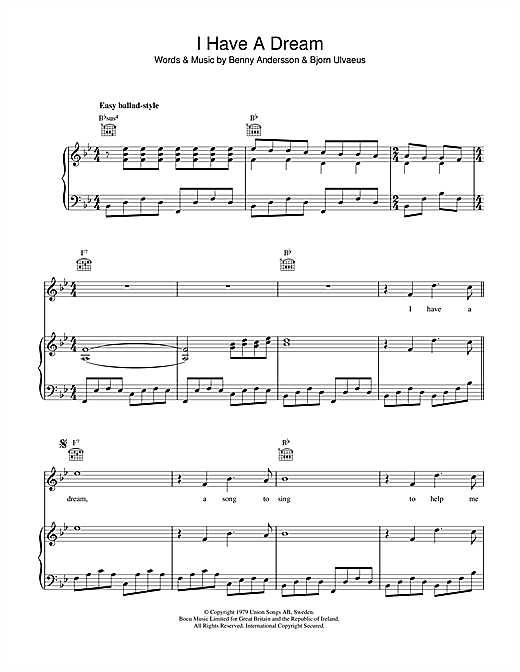 Preview ABBA I Have A Dream Pop sheet music, notes and chords for Piano, Vocal & Guitar (Right-Hand Melody), SKU: 40154 sheet music, piano notes, chords, guitar tabs, score, transpose, transcribe, how to play, guide, download, learn, tutorial, progression, song, artist, awards, billboard, mtv, vh1, tour, single, album, release