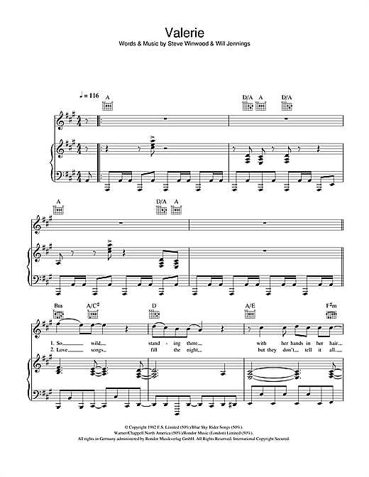 Preview Steve Winwood Valerie Pop sheet music, notes and chords for Piano, Vocal & Guitar, SKU: 40156 sheet music, piano notes, chords, guitar tabs, score, transpose, transcribe, how to play, guide, download, learn, tutorial, progression, song, artist, awards, billboard, mtv, vh1, tour, single, album, release
