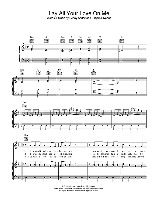 Preview ABBA Lay All Your Love On Me Pop sheet music, notes and chords for Piano, Vocal & Guitar (Right-Hand Melody), SKU: 40157 sheet music, piano notes, chords, guitar tabs, score, transpose, transcribe, how to play, guide, download, learn, tutorial, progression, song, artist, awards, billboard, mtv, vh1, tour, single, album, release