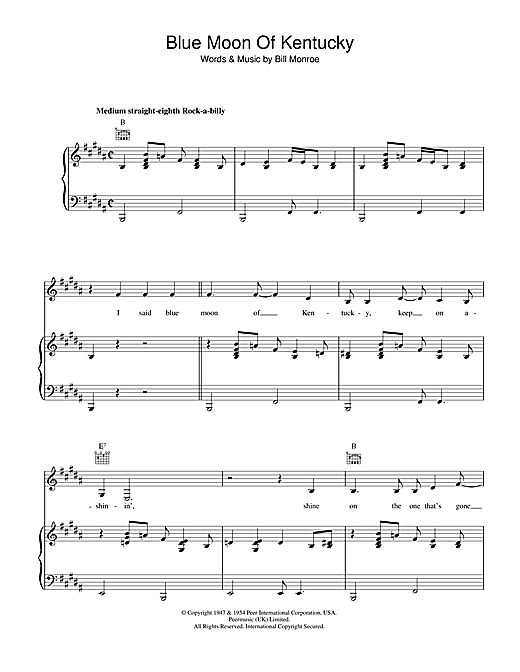 Preview Patsy Cline Blue Moon Of Kentucky Country sheet music, notes and chords for Piano, Vocal & Guitar, SKU: 40158 sheet music, piano notes, chords, guitar tabs, score, transpose, transcribe, how to play, guide, download, learn, tutorial, progression, song, artist, awards, billboard, mtv, vh1, tour, single, album, release