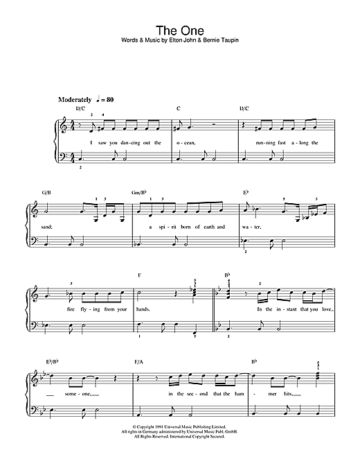 Preview Elton John The One Pop sheet music, notes and chords for Beginner Piano, SKU: 40165 sheet music, piano notes, chords, guitar tabs, score, transpose, transcribe, how to play, guide, download, learn, tutorial, progression, song, artist, awards, billboard, mtv, vh1, tour, single, album, release