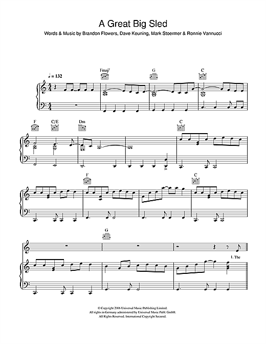 Preview The Killers A Great Big Sled Rock sheet music, notes and chords for Piano, Vocal & Guitar, SKU: 40173 sheet music, piano notes, chords, guitar tabs, score, transpose, transcribe, how to play, guide, download, learn, tutorial, progression, song, artist, awards, billboard, mtv, vh1, tour, single, album, release