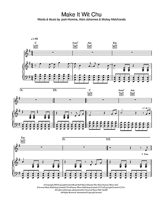 Preview Queens Of The Stone Age Make It Wit Chu Rock sheet music, notes and chords for Piano, Vocal & Guitar, SKU: 40179 sheet music, piano notes, chords, guitar tabs, score, transpose, transcribe, how to play, guide, download, learn, tutorial, progression, song, artist, awards, billboard, mtv, vh1, tour, single, album, release