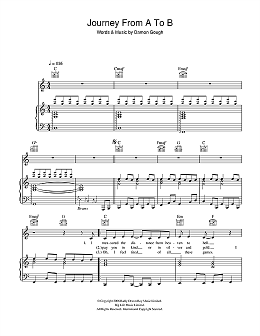Preview Badly Drawn Boy Journey From A To B Folk sheet music, notes and chords for Piano, Vocal & Guitar, SKU: 40183 sheet music, piano notes, chords, guitar tabs, score, transpose, transcribe, how to play, guide, download, learn, tutorial, progression, song, artist, awards, billboard, mtv, vh1, tour, single, album, release