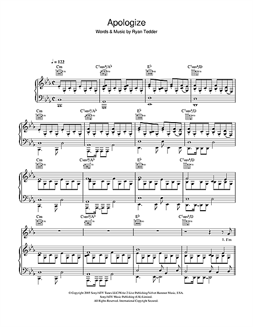 Preview OneRepublic Apologize Pop sheet music, notes and chords for Piano, Vocal & Guitar, SKU: 40184 sheet music, piano notes, chords, guitar tabs, score, transpose, transcribe, how to play, guide, download, learn, tutorial, progression, song, artist, awards, billboard, mtv, vh1, tour, single, album, release