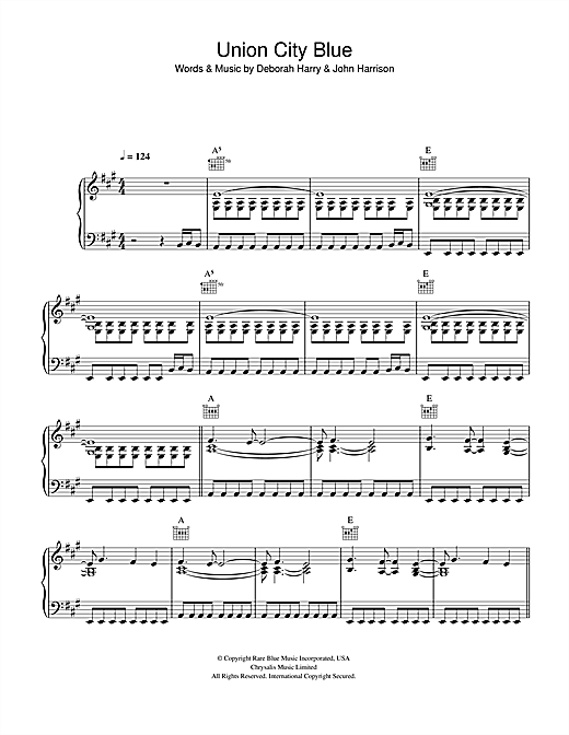 Preview Blondie Union City Blue Rock sheet music, notes and chords for Piano, Vocal & Guitar, SKU: 40189 sheet music, piano notes, chords, guitar tabs, score, transpose, transcribe, how to play, guide, download, learn, tutorial, progression, song, artist, awards, billboard, mtv, vh1, tour, single, album, release