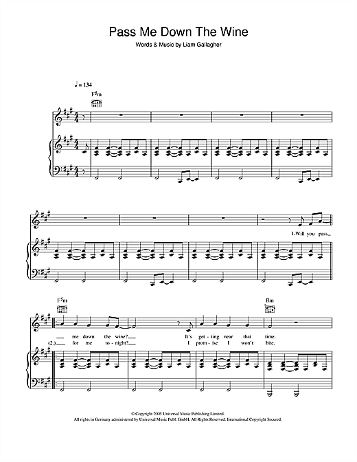 Preview Oasis Pass Me Down The Wine Rock sheet music, notes and chords for Piano, Vocal & Guitar, SKU: 40190 sheet music, piano notes, chords, guitar tabs, score, transpose, transcribe, how to play, guide, download, learn, tutorial, progression, song, artist, awards, billboard, mtv, vh1, tour, single, album, release