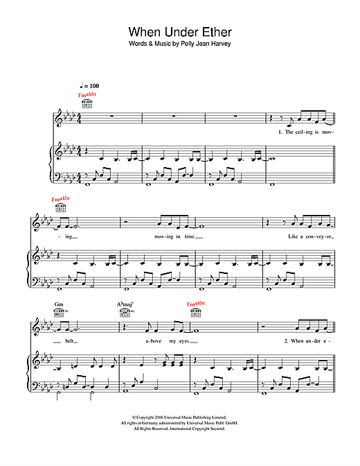 Preview PJ Harvey When Under Ether Rock sheet music, notes and chords for Piano, Vocal & Guitar, SKU: 40192 sheet music, piano notes, chords, guitar tabs, score, transpose, transcribe, how to play, guide, download, learn, tutorial, progression, song, artist, awards, billboard, mtv, vh1, tour, single, album, release