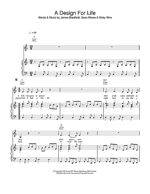 Preview Manic Street Preachers A Design For Life Rock sheet music, notes and chords for Piano, Vocal & Guitar (Right-Hand Melody), SKU: 40193 sheet music, piano notes, chords, guitar tabs, score, transpose, transcribe, how to play, guide, download, learn, tutorial, progression, song, artist, awards, billboard, mtv, vh1, tour, single, album, release