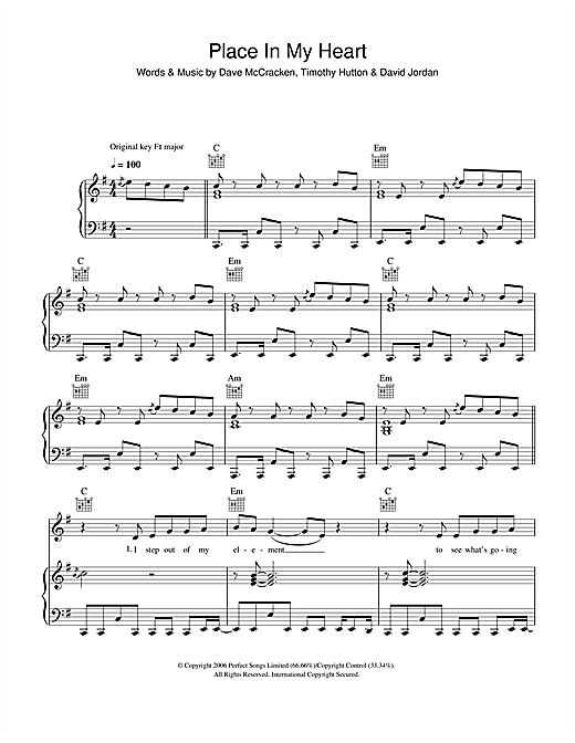 Preview David Jordan Place In My Heart Pop sheet music, notes and chords for Piano, Vocal & Guitar, SKU: 40194 sheet music, piano notes, chords, guitar tabs, score, transpose, transcribe, how to play, guide, download, learn, tutorial, progression, song, artist, awards, billboard, mtv, vh1, tour, single, album, release
