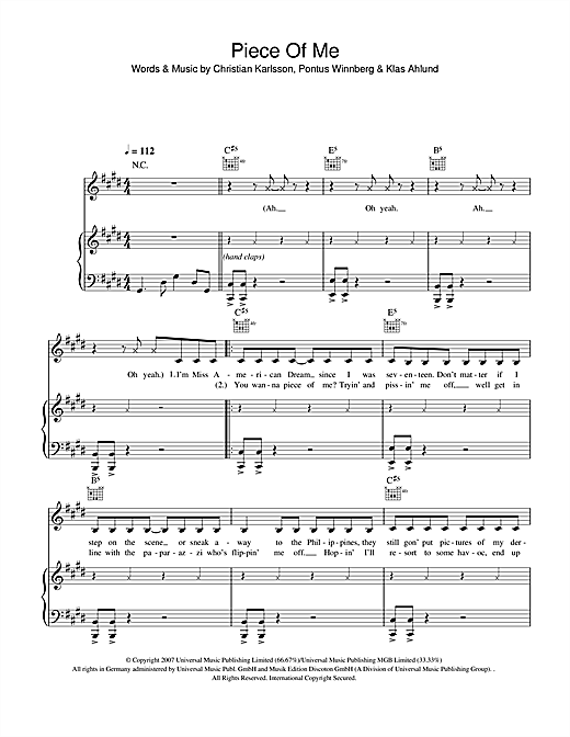 Preview Britney Spears Piece Of Me Pop sheet music, notes and chords for Piano, Vocal & Guitar, SKU: 40200 sheet music, piano notes, chords, guitar tabs, score, transpose, transcribe, how to play, guide, download, learn, tutorial, progression, song, artist, awards, billboard, mtv, vh1, tour, single, album, release