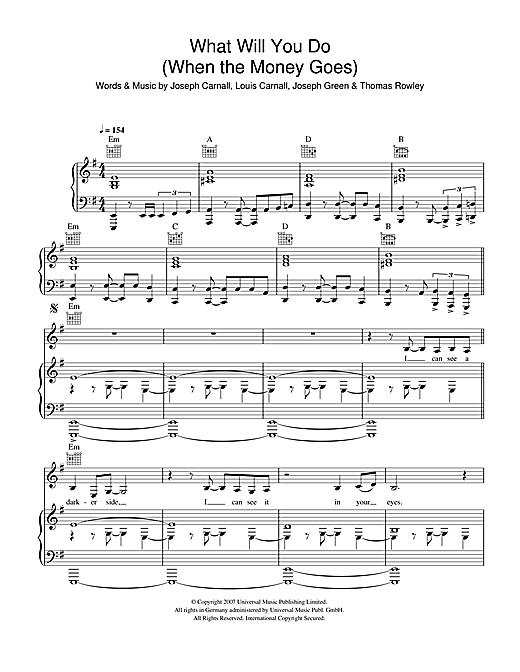 Preview Milburn What Will You Do (When The Money Goes) Rock sheet music, notes and chords for Piano, Vocal & Guitar, SKU: 40204 sheet music, piano notes, chords, guitar tabs, score, transpose, transcribe, how to play, guide, download, learn, tutorial, progression, song, artist, awards, billboard, mtv, vh1, tour, single, album, release