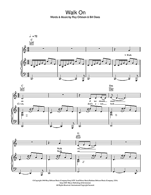Preview Roy Orbison Walk On Pop sheet music, notes and chords for Piano, Vocal & Guitar, SKU: 40205 sheet music, piano notes, chords, guitar tabs, score, transpose, transcribe, how to play, guide, download, learn, tutorial, progression, song, artist, awards, billboard, mtv, vh1, tour, single, album, release
