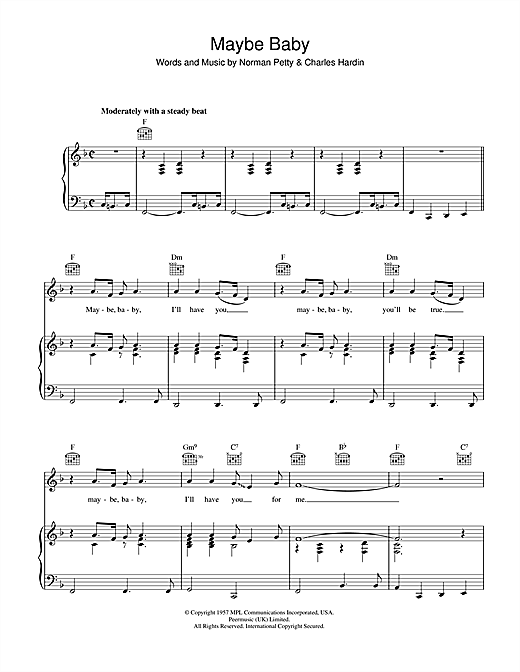Preview Buddy Holly Maybe Baby Rock N Roll sheet music, notes and chords for Piano, Vocal & Guitar (Right-Hand Melody), SKU: 40208 sheet music, piano notes, chords, guitar tabs, score, transpose, transcribe, how to play, guide, download, learn, tutorial, progression, song, artist, awards, billboard, mtv, vh1, tour, single, album, release