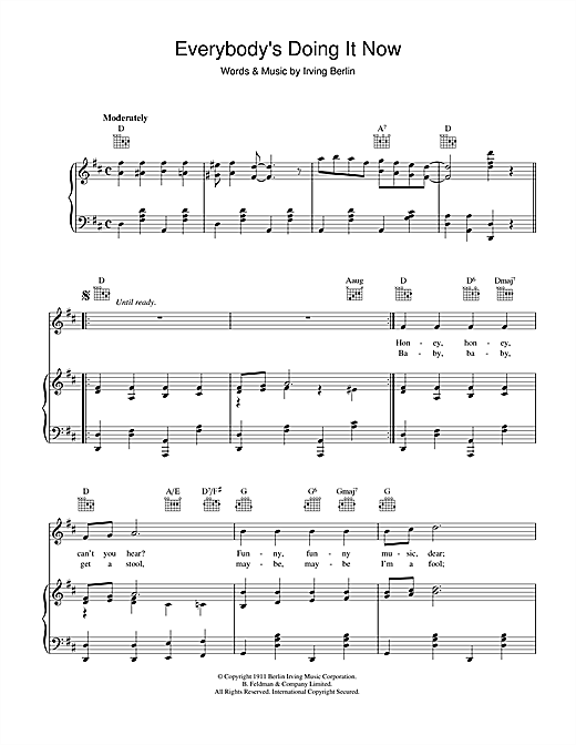 Preview Irving Berlin Everybody's Doing It (Now) Easy Listening sheet music, notes and chords for Piano, Vocal & Guitar (Right-Hand Melody), SKU: 40209 sheet music, piano notes, chords, guitar tabs, score, transpose, transcribe, how to play, guide, download, learn, tutorial, progression, song, artist, awards, billboard, mtv, vh1, tour, single, album, release