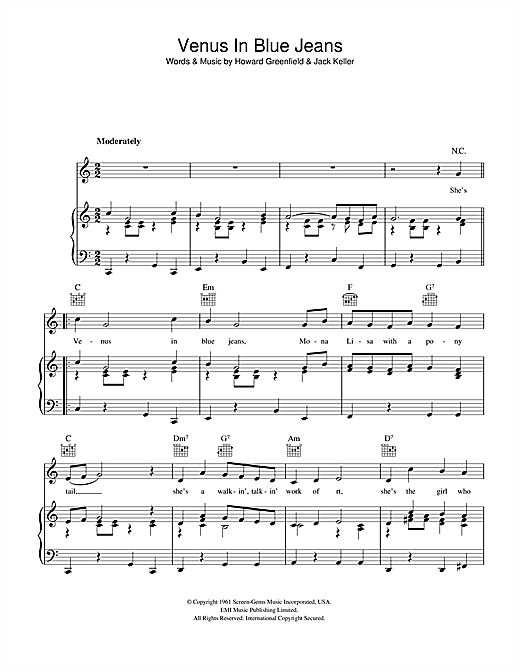 Preview Jimmy Clanton Venus In Blue Jeans Rock N Roll sheet music, notes and chords for Piano, Vocal & Guitar, SKU: 40210 sheet music, piano notes, chords, guitar tabs, score, transpose, transcribe, how to play, guide, download, learn, tutorial, progression, song, artist, awards, billboard, mtv, vh1, tour, single, album, release