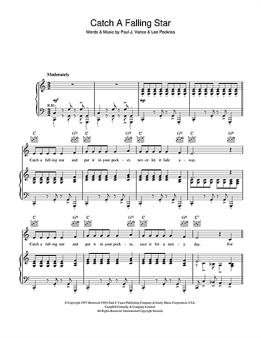 Preview Perry Como Catch A Falling Star Pop sheet music, notes and chords for Piano, Vocal & Guitar, SKU: 40212 sheet music, piano notes, chords, guitar tabs, score, transpose, transcribe, how to play, guide, download, learn, tutorial, progression, song, artist, awards, billboard, mtv, vh1, tour, single, album, release