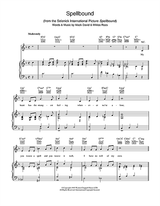 Preview Mack David Spellbound Film and TV sheet music, notes and chords for Piano, Vocal & Guitar (Right-Hand Melody), SKU: 40213 sheet music, piano notes, chords, guitar tabs, score, transpose, transcribe, how to play, guide, download, learn, tutorial, progression, song, artist, awards, billboard, mtv, vh1, tour, single, album, release