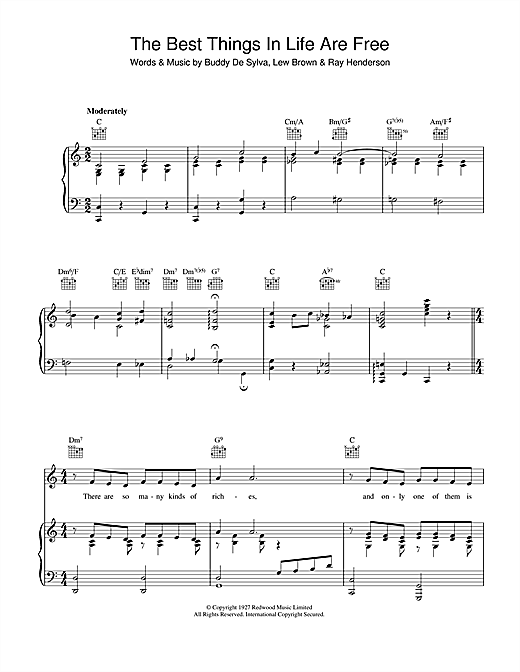 Preview Dinah Shore The Best Things In Life Are Free Jazz sheet music, notes and chords for Piano, Vocal & Guitar (Right-Hand Melody), SKU: 40215 sheet music, piano notes, chords, guitar tabs, score, transpose, transcribe, how to play, guide, download, learn, tutorial, progression, song, artist, awards, billboard, mtv, vh1, tour, single, album, release