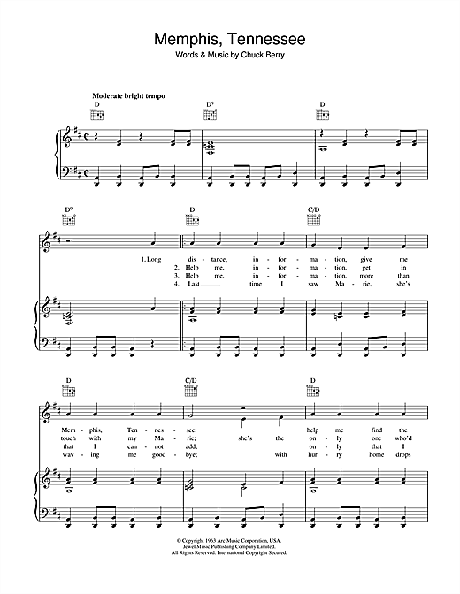 Preview Chuck Berry Memphis Tennessee Rock N Roll sheet music, notes and chords for Piano, Vocal & Guitar (Right-Hand Melody), SKU: 40217 sheet music, piano notes, chords, guitar tabs, score, transpose, transcribe, how to play, guide, download, learn, tutorial, progression, song, artist, awards, billboard, mtv, vh1, tour, single, album, release