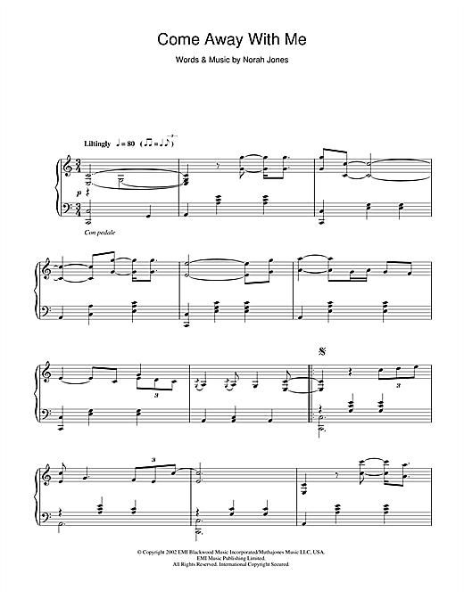 Preview Norah Jones Come Away With Me Pop sheet music, notes and chords for Piano, SKU: 40222 sheet music, piano notes, chords, guitar tabs, score, transpose, transcribe, how to play, guide, download, learn, tutorial, progression, song, artist, awards, billboard, mtv, vh1, tour, single, album, release